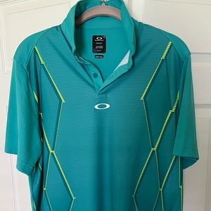 Men’s Oakley polo shirt, size Medium, teal with yellow and green accent stripes.